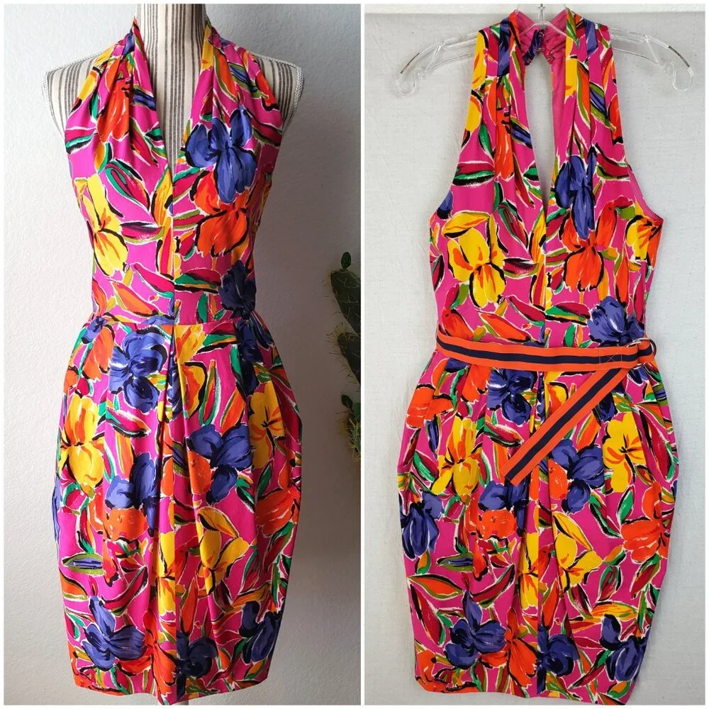Vintage Tulip Dress Colorful Abstract Floral Print Halter Knee Length Belt sz 8 - Picture 2 of 16
